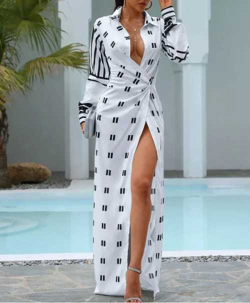 Womens Autumn Slit Long Dress Lace-up Printed Long-sleeved Dress High-waisted POLO Collar Irregular Temperament Elegant DressT260316