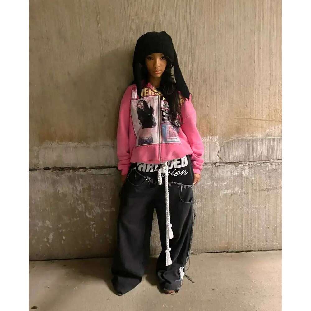 Loose casual sportswear trendy clothes retro fashion printed pattern hoodie Y2K gothic streetwear men and women Z260315