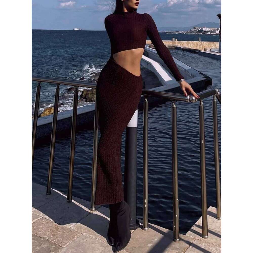 Elegant Textured Short Hollow Midi Women's Spring Solid Color Round Neck Long Sleeve Elastic Fit Dress Z260313