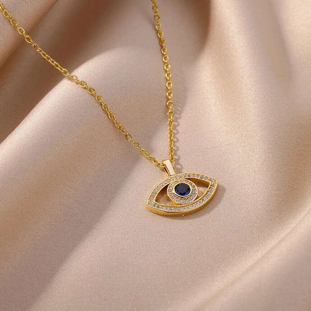 Zircon Evil Pendant Necklace for Women Stainless Steel Lucky Turkish Demon Eye Necklaces 2023 New Trend Aesthetic Jewerly H260312