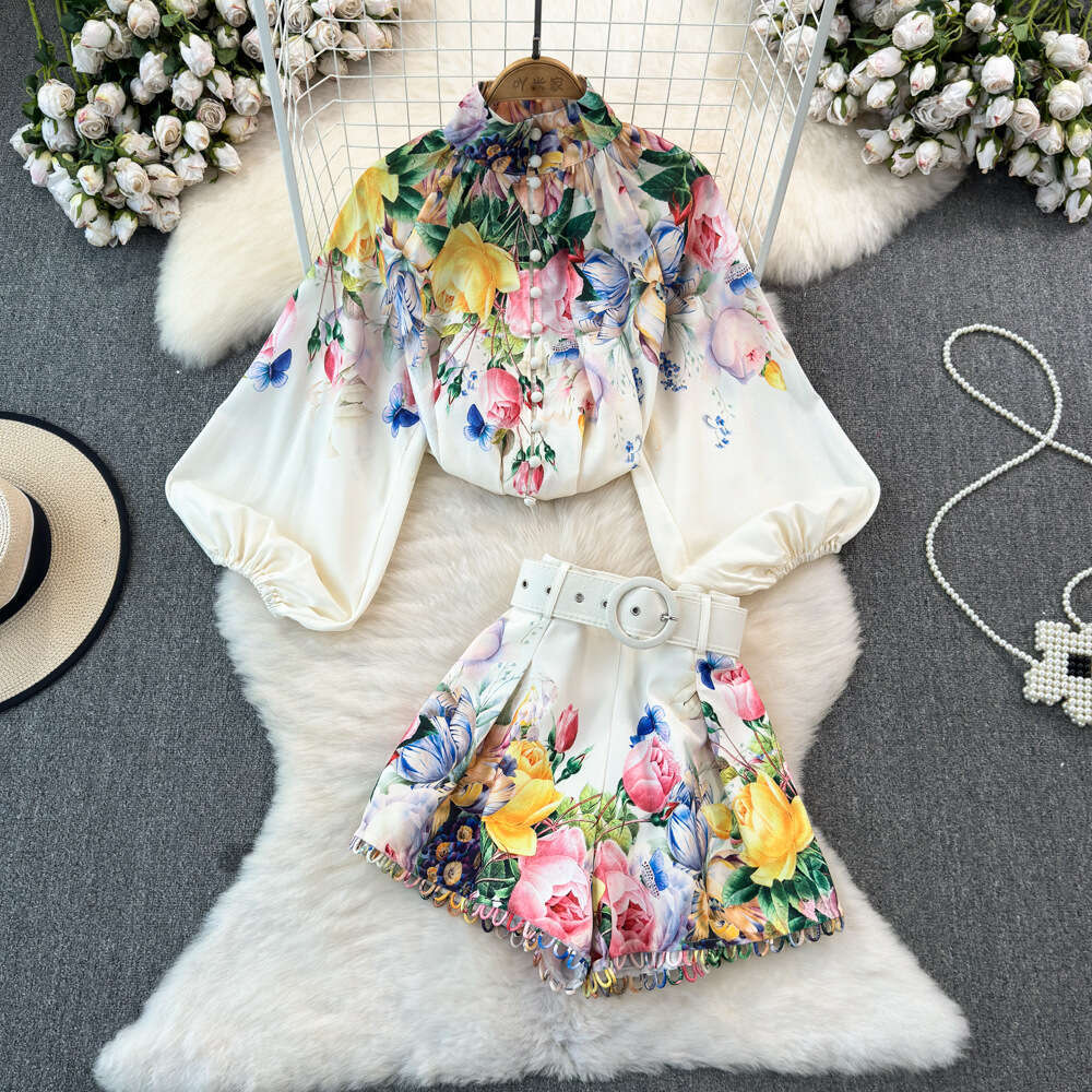 2026 Women's Fashion European and American Style Lantern Long Sleeve Stand Collar Loose Printed Top A14 High Waist Two Piece Set