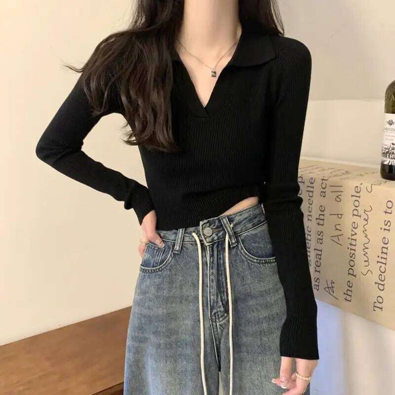 2024 Autumn New V-neck Inner Wear Women's POLO Neck Knitted Sweater Pullover Slim-fitting Long-sleeved Versatile Commuter Top Z260313