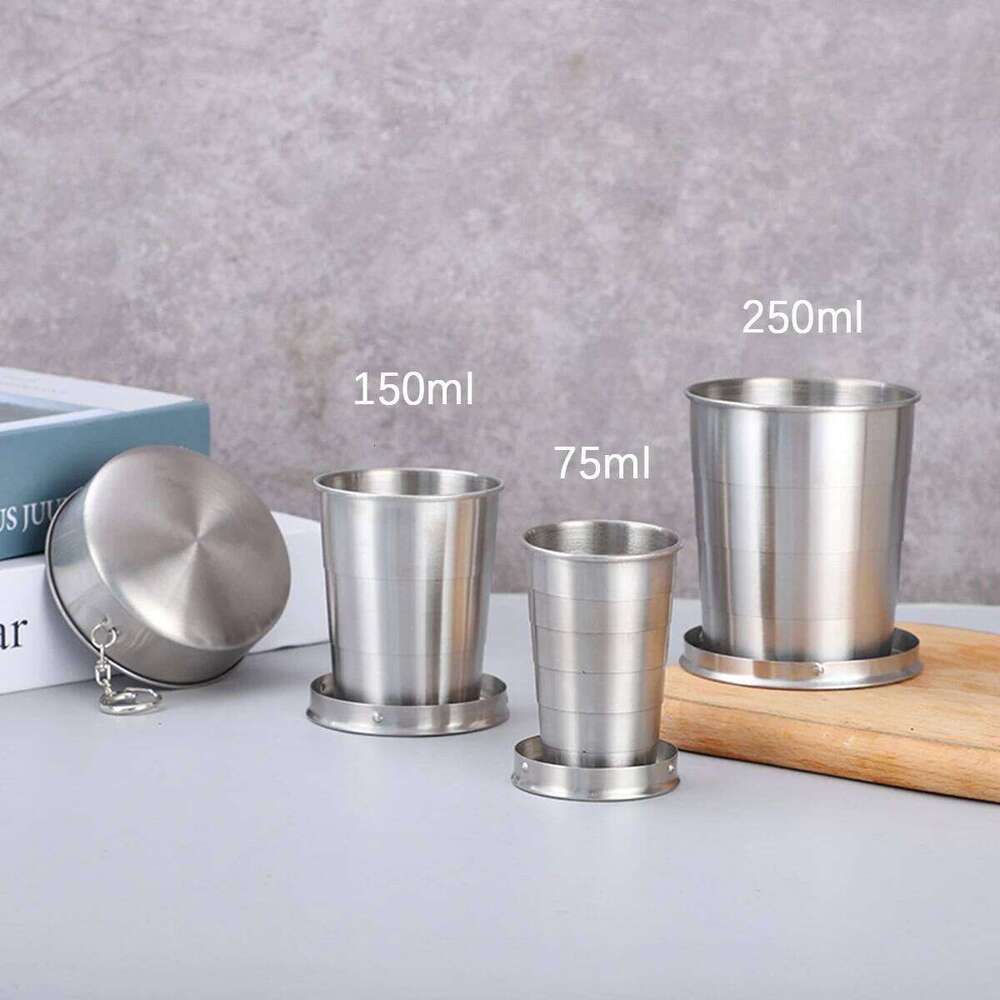 Stainless Steel Folding Portable Water Drinking Cup Retractable Telescopic Collapsible Cups For Outdoor Travel With Keychain Z260314