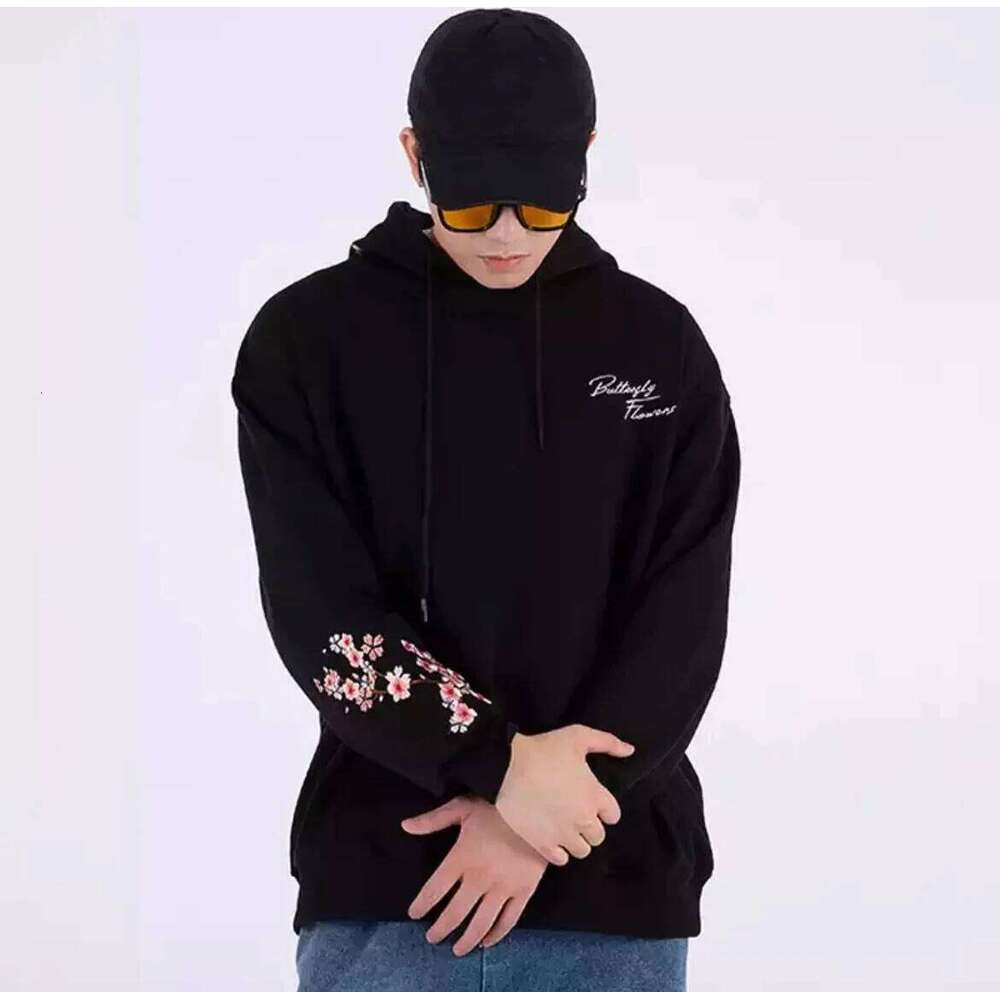 Man Hoodies 100% Cotton Butterfly Embroidery Harajuku Solid Pocket Hooded Sweatshirts Autumn Long Sleeve Loose Chinese Outwear Z260315