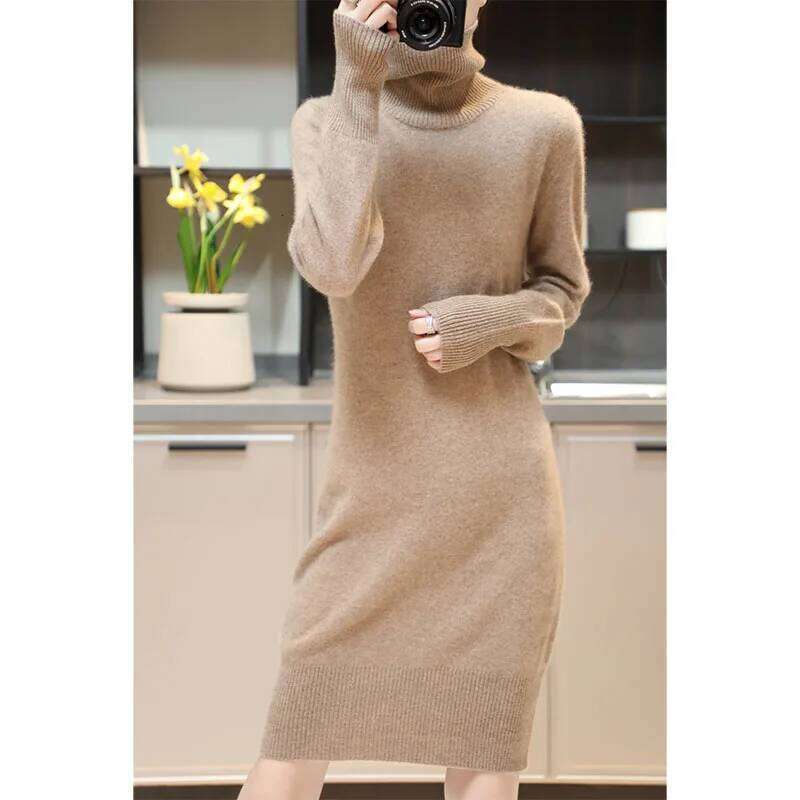 Elegant Cashmere Sweater Womens Dresses 100% Merino Wool Autumn Winter Turtleneck Knitted Dress Female Casual Long-Sleeve Skirts Z260314