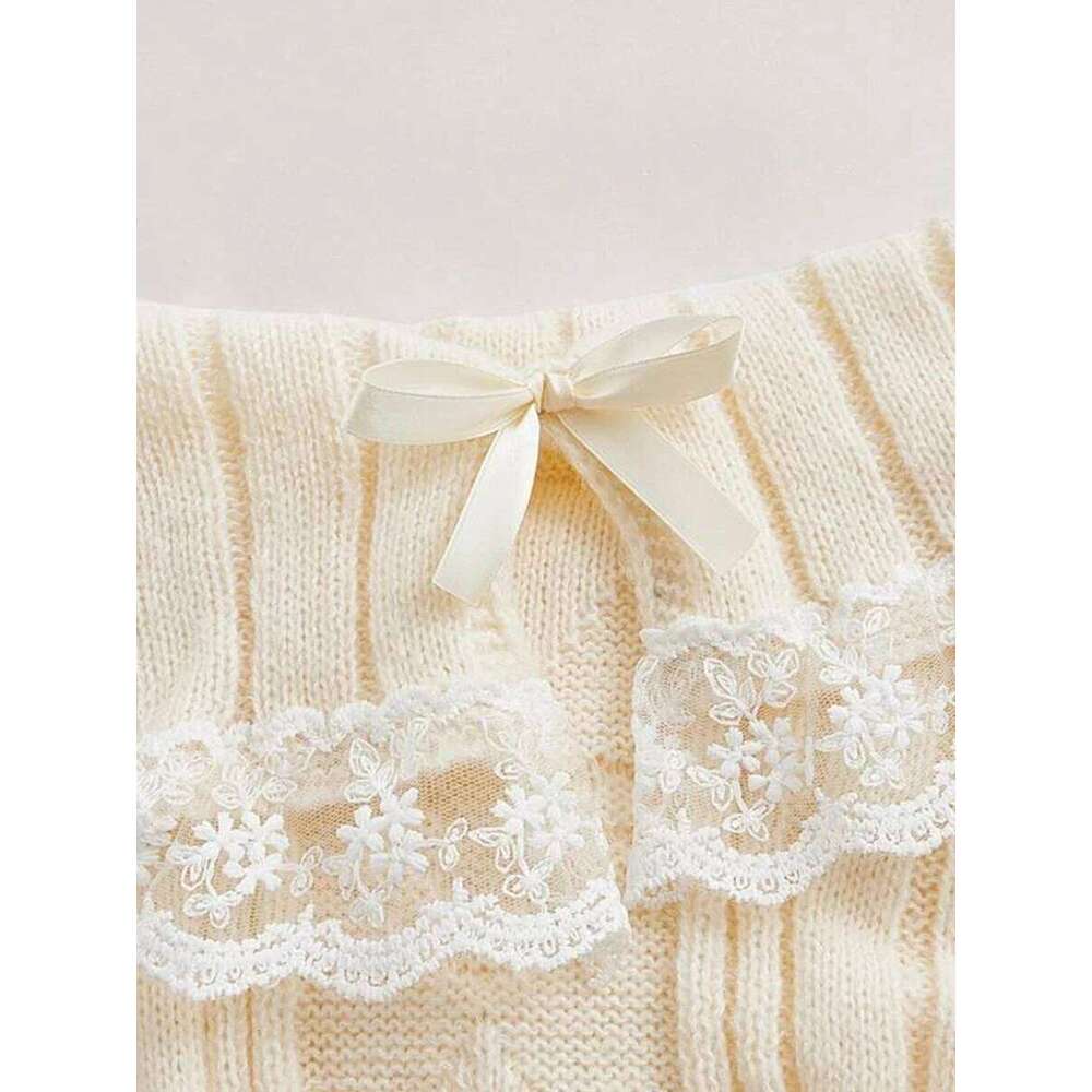 Women Long Sleeve Contrast Lace Knit Pullovers Autumn Winter Cold Shoulder Sweaters Bow Front Jumper Tops Beige/Pink Z260314