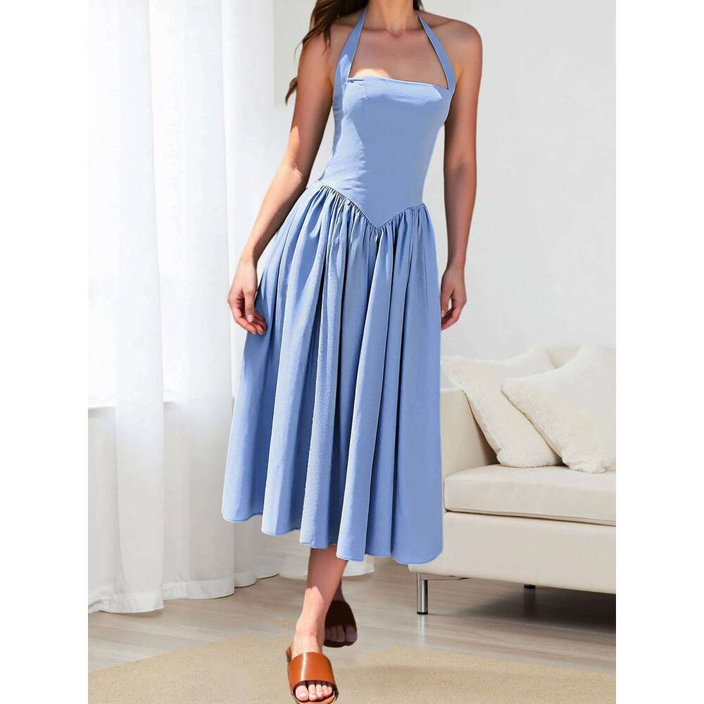 Women Halter Neck Dress Sleeveless Solid Color/Dot Print Summer Elegant A Line Dresses Z260313