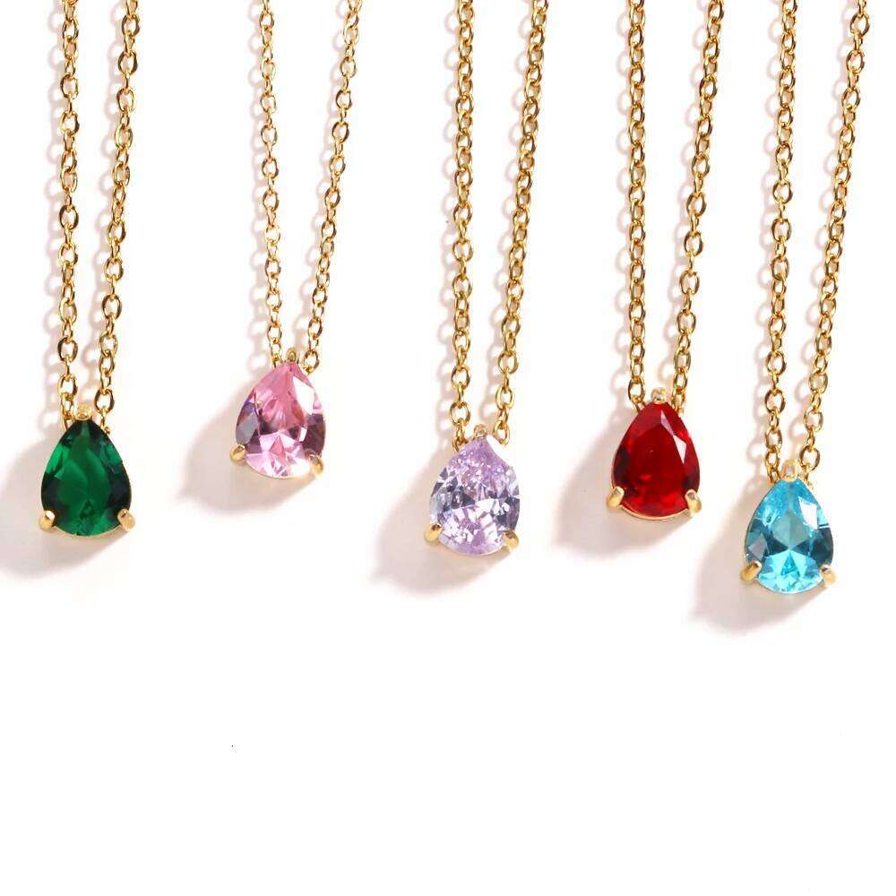 Hot Sale Shiny Crystal Necklace Stainless Steel Teardrop Zirconia Pendant Women's Birthstone Collarbone Chain Wholesale H260312