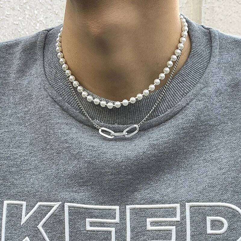 Double Layer Choker for Man y2k Pearl Beads Chain Necklace Statement Chains Men Neck Jewelry Accessories H260312