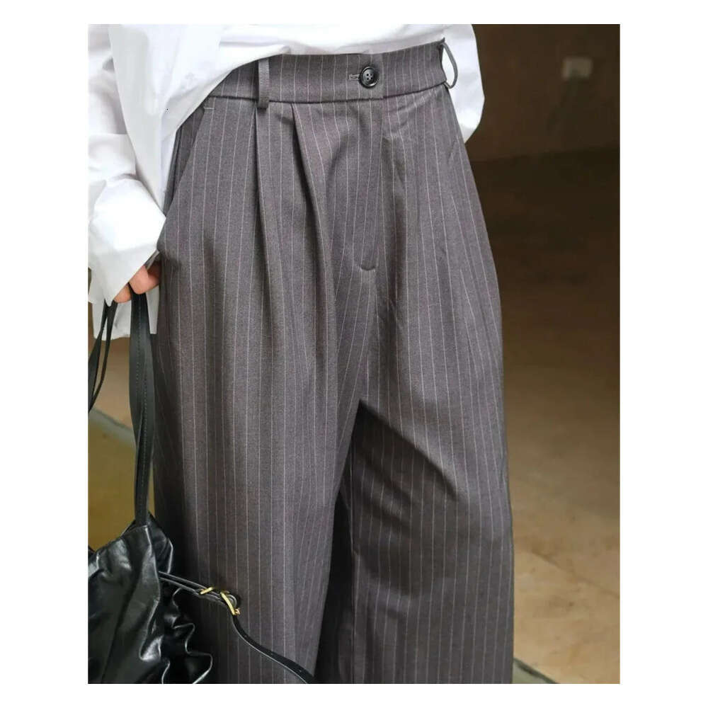 HanOrange Autumn Casual Waist Splicing Striped Pants Womens Loose Wide Legs Felt Trouser Grey Z260314