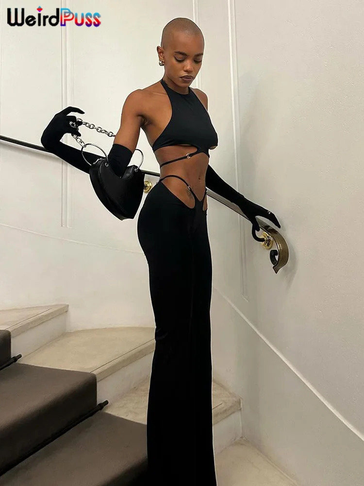 Weird Puss Hollow Straps 2 Piece Sets Woman Summer Sexy Solid Halter Backless TopsSequined Flared Pants Party Skinny Outfits 260309