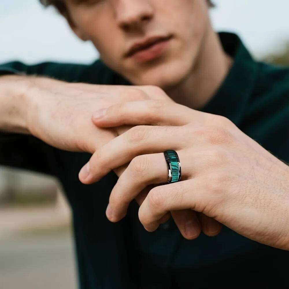 Wholesale 8MM Imitation of Peacock Stone Inlay Men's Stainless Rings Silver Color Wedding Band Jewelry for Men Steel Ring H260312