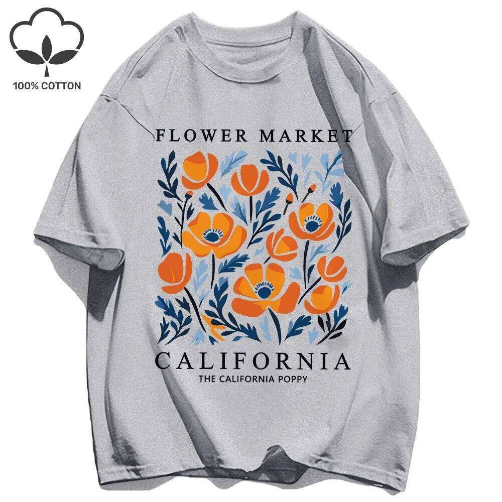Women's Cotton Graphic Tee Short Sleeve O-Neck Casual T-Shirt Yellow Flowers Market California Print Crewneck Sports Female Top Z260314