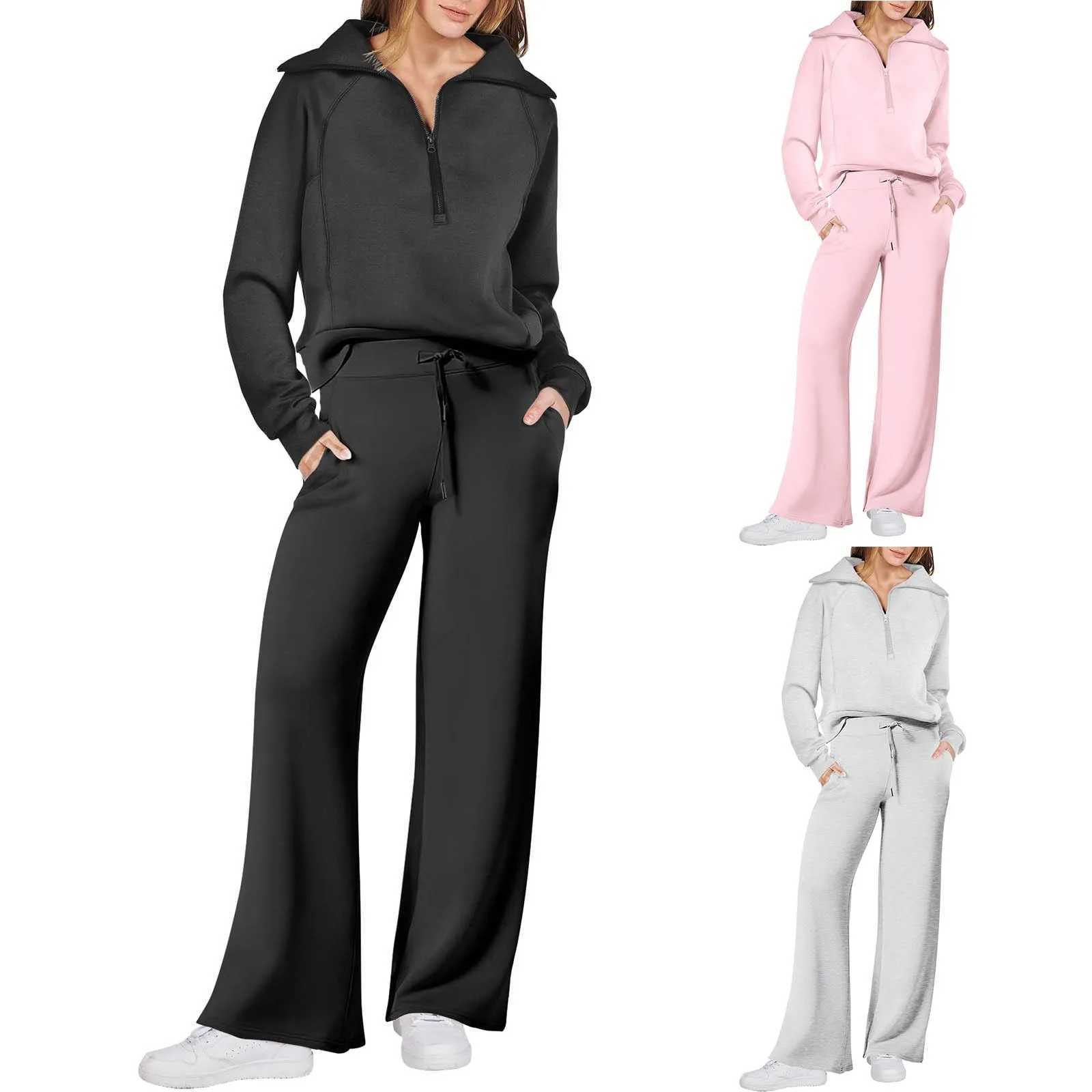 Women 2 Piece Outfits Sweatsuit Set 2024 Activewear Workout Fall Oversized Half Zip Sweatshirt Sweatpant Lounge Set Tracksuits M260313