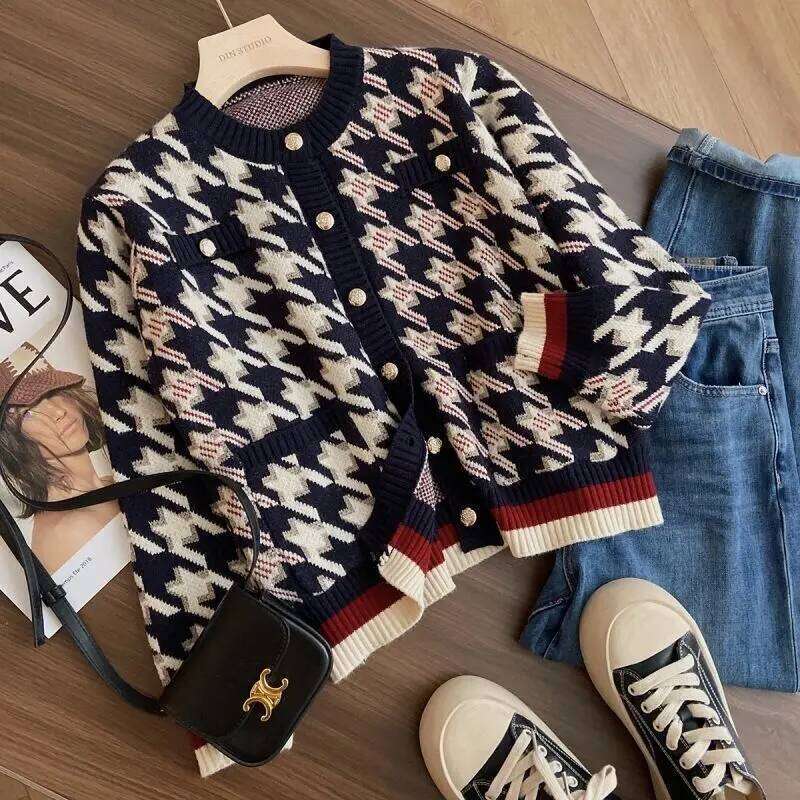 Women Retro Houndstooth Luxury Chic Single Breasted Knitted Cardigan Autumn Winter Casual O Neck Long Sleeve Loose Sweater Coat Z260313