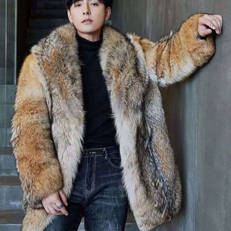 Men Faux Cardigan Jacket Long Sleeve Thick Warm Fur Coats Outerwear High Street Loose Turn Down Collar Pockets Autumn Z260313