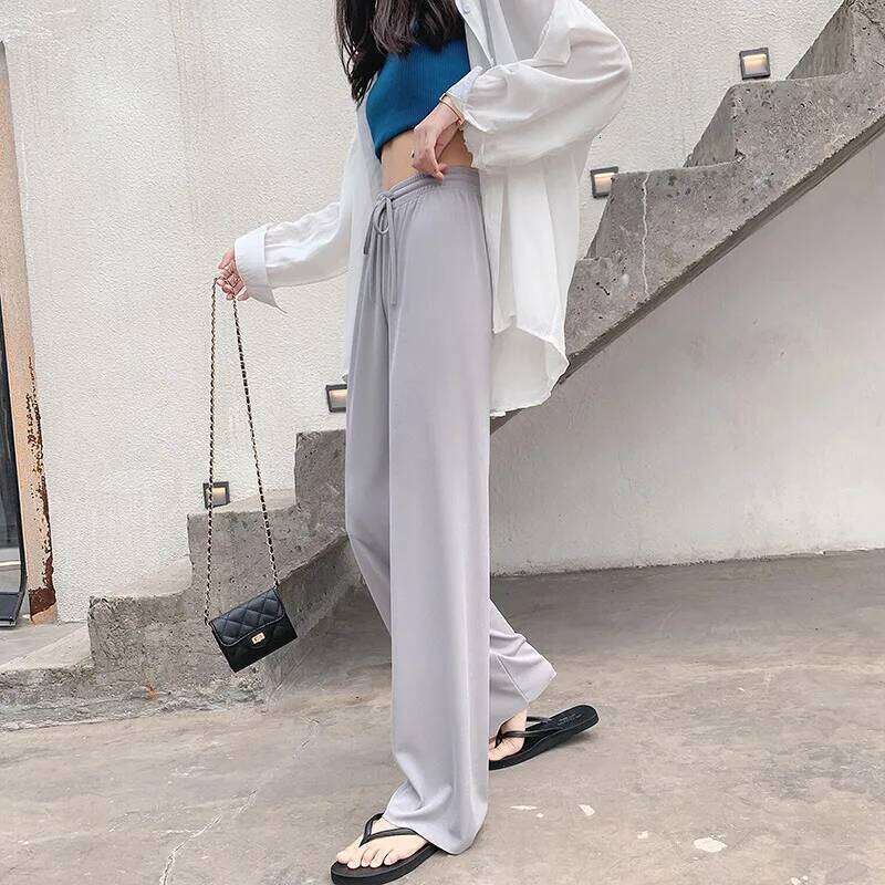 New Women Ankle-Length Wide Leg Casual Solid Elastic Waist Loose Ice Silk Pants Spring Summer Female Trousers