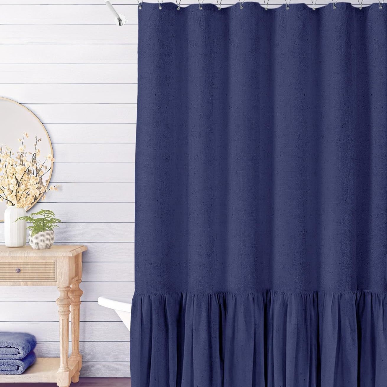 YL-38342 Toilet Partition Curtain with Lace Trim, Plain Color Patchwork Skirt Hem, Cotton Linen Waterproof Ruffle Edge, Linen