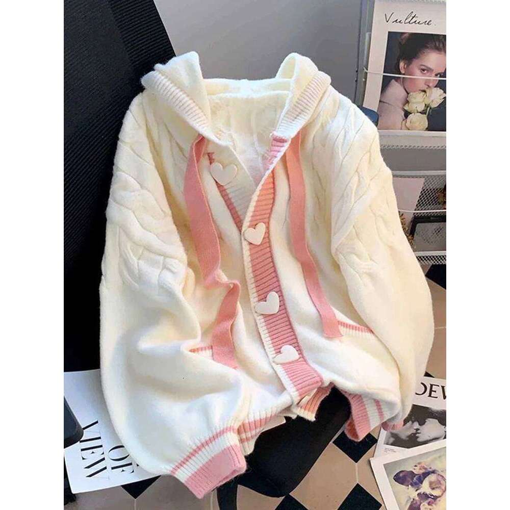 Cute Sweet Cardigan Sweaters Women Lazy Wind White Knitted Coats Long Sleeve Loose Female Japan Kawaii Elegant Hooded Tops Z260313