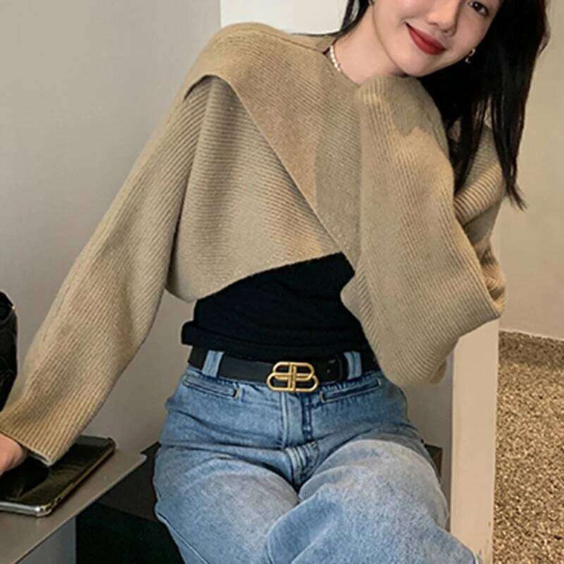 Knitted Cropped Y2K Tops Women Autumn Long Sleeve Pullovers Winter Cross Irregular Streetwear Sweater Pull 22933 Z260314