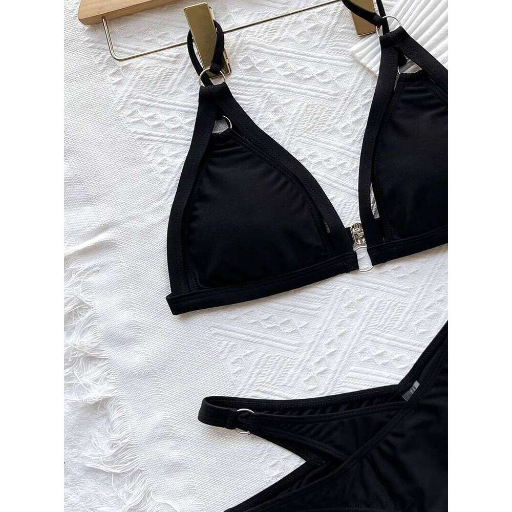 Push Up Women 2026 Sexy Solid Black Swimwear Two Piece Bathing Suit Straps Triangle Hollow Out Thong Bikini Set Swimsuits Y260303