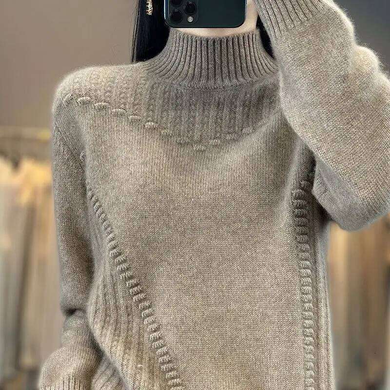 2024 Autumn New Loose Women's Semi-turtleneck Thickened Solid Color Simple Crochet Casual Knitted Sweater Pullover Top Z260313