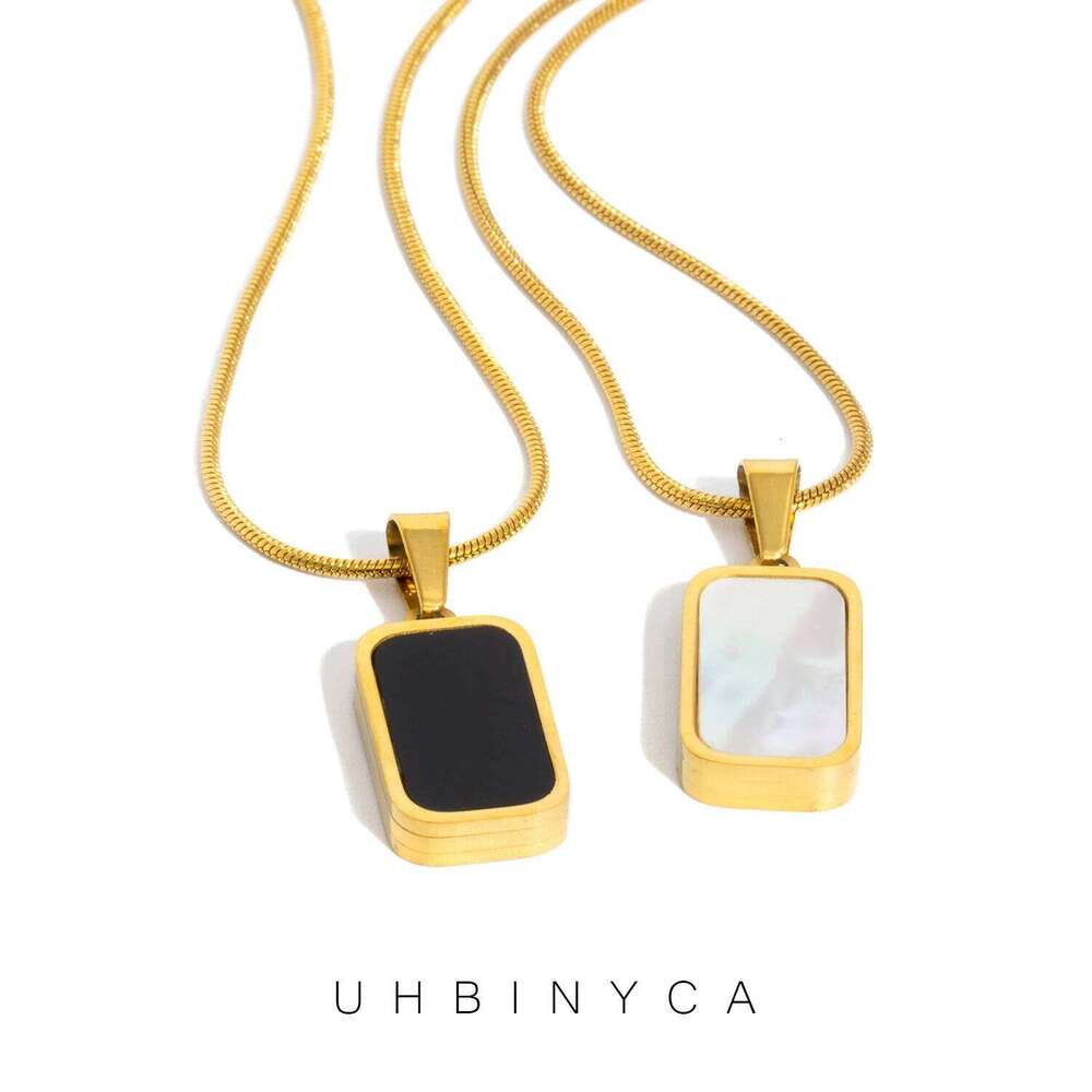 Double Sided Square Pendant Necklace for Women - Hypoallergenic 18K Gold Plated Stainless Steel -Shell & Acrylic Fashion Jewelry H260312