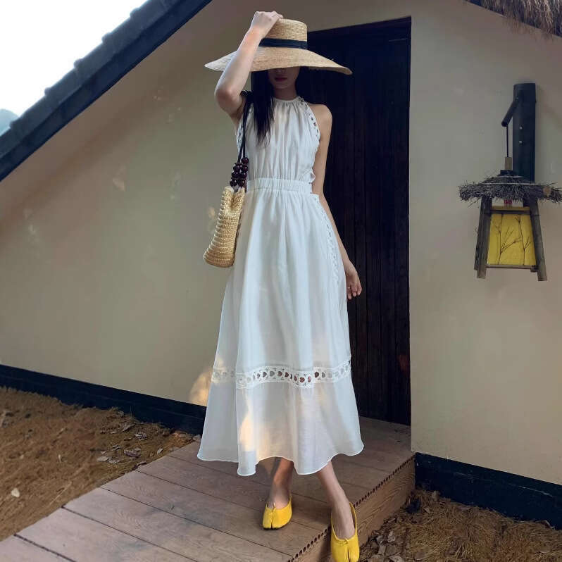 2026 Vacation French Elegant Hollow Heart White Lace Waist Sleeveless Backless Collar Casual Sweet Dress