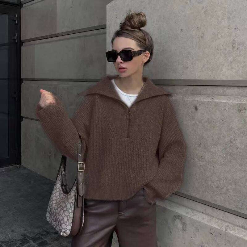 Casual Knitted Zipper Lapel Collar Long Sleeve Solid Color Pullover For Autumn Winter Women's Fashion and Versatile Sweater Z260314