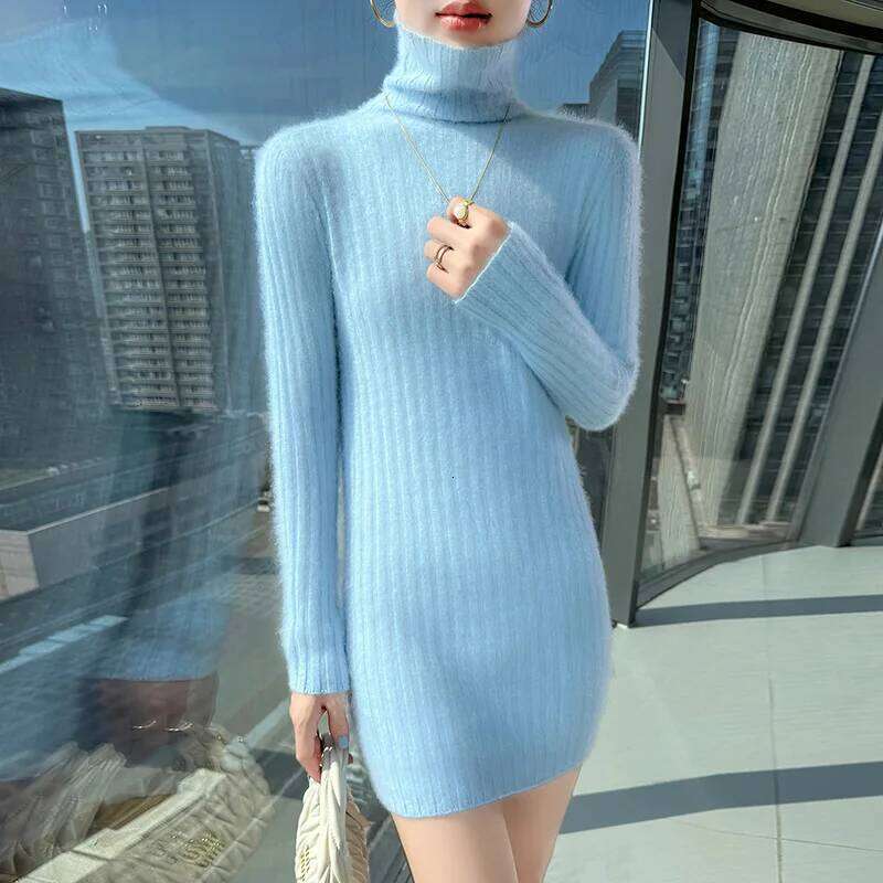 100% Pure Mink Cashmere knitted Dress Women's High-Neck Slim Medium-length Skirts Fashion Sprout Joker High Waist Hip Skirt 2025 Z260313