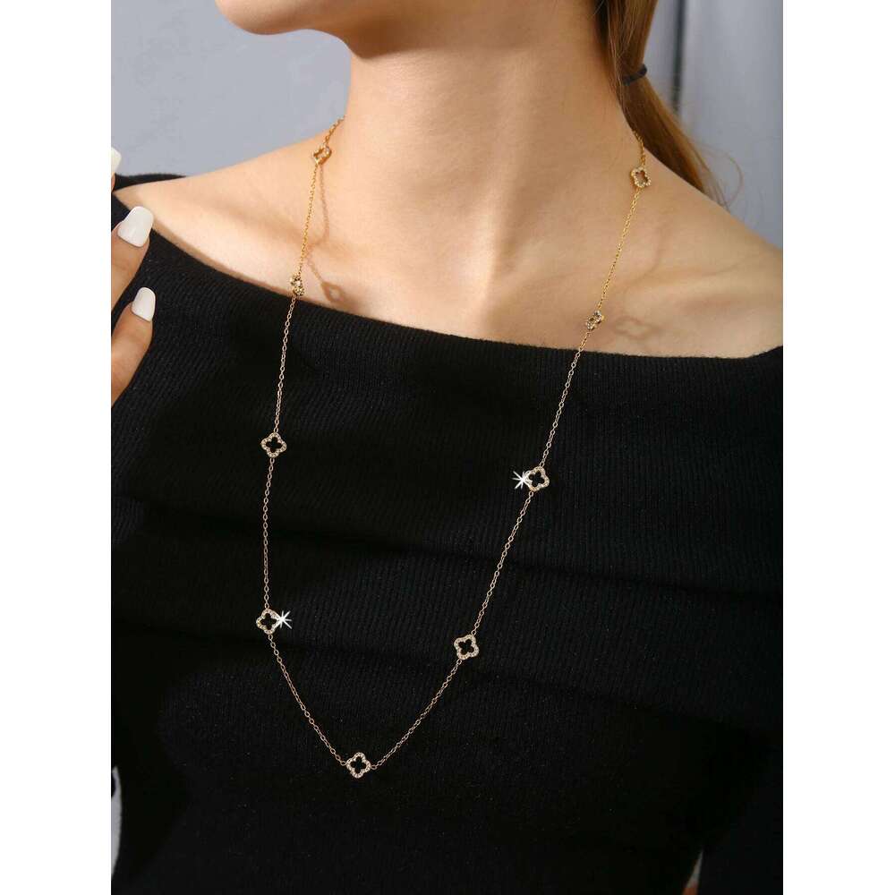 Elegant Stainless Steel 18K Gold-Plated Openwork Diamond-Studded Cr Long Necklace For Women H260312