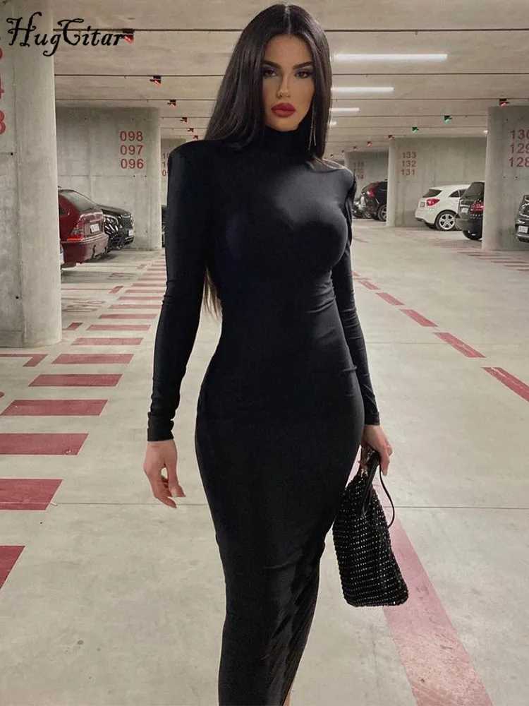 Hugcitar Women Fashion Turtleneck Long Sleeves Black Sexy Bodycon Maxi Prom Dress Fall Casual Clothes Streetwear Party FestivalT260316