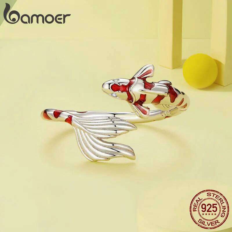Bamoer 925 Sterling Silver Red Enamel Koi Opening Lucky Fish Tail Adjustable Ring for Women Birthday Gift Fine Jewelry H260312