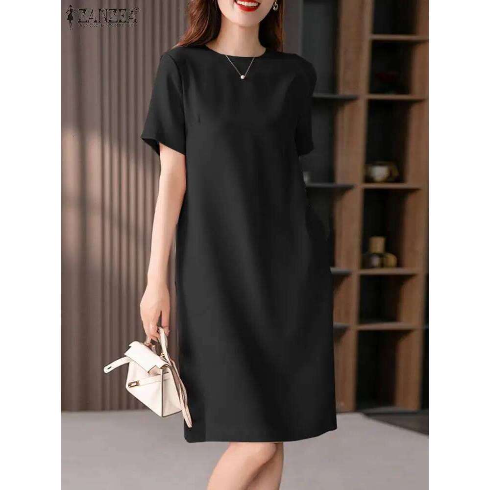 Summer Fashion Short Sleeve Dress ZANZEA Women Elegant OL Work Sundress Casual Solid Knee Length Robe Femme Party Vestidos Z260313