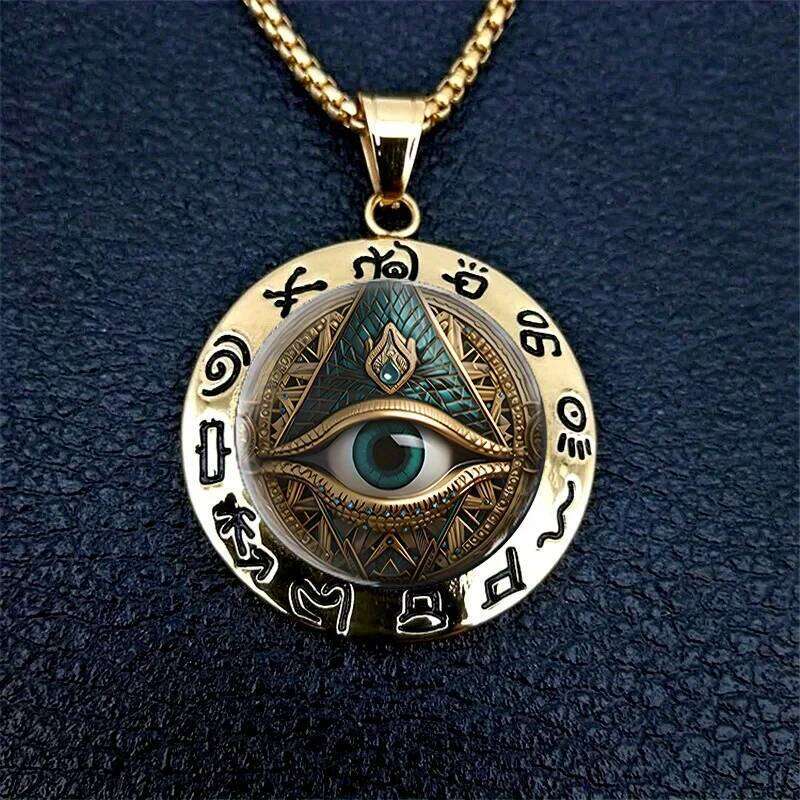 1 Piece Beautiful Ancient Egyptian Script Round Fashion Glass Alloy Gold Color Pendant Necklace H260312