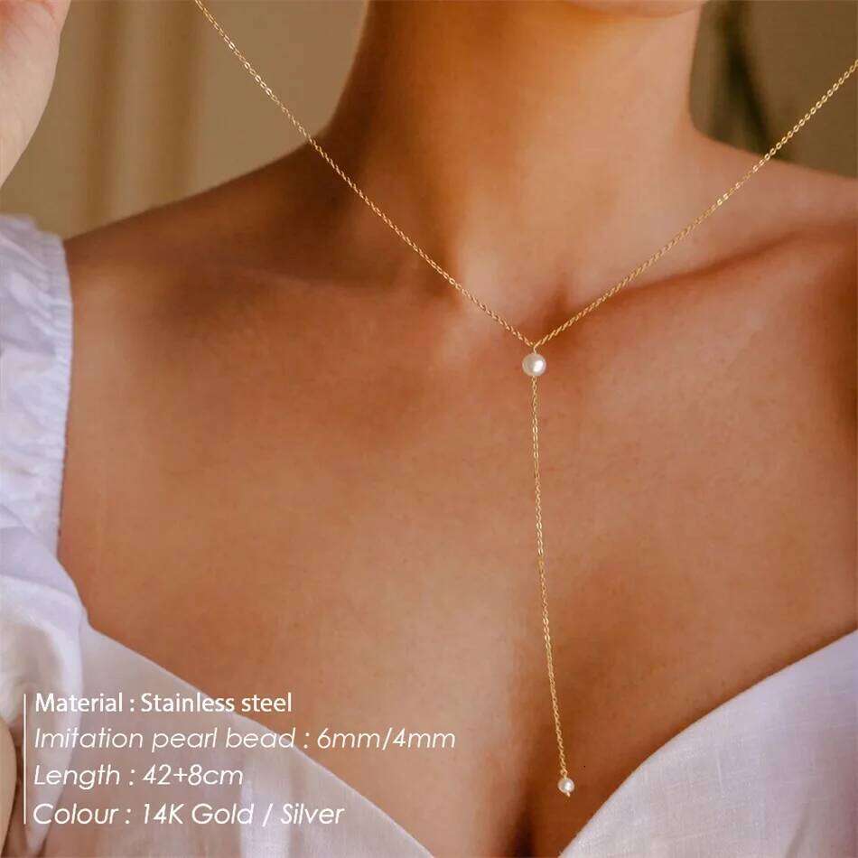 316L Stainless Steel Fashion Golden Color Chain Necklace For Women Imitation Pearl Beads Pendant Gifts Jewelry Wholesale H260312