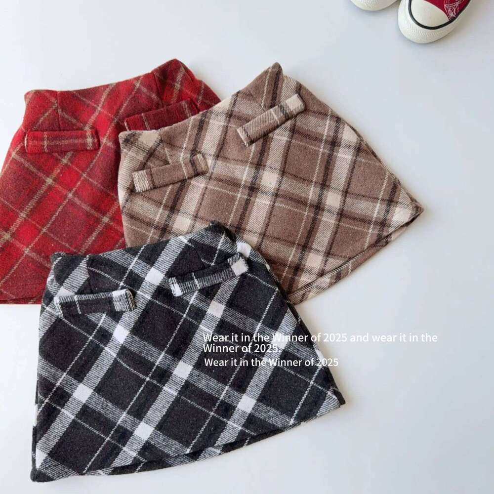 Winter Kids Plaid Bow Print High Waist Infant Babys Girl Retro Preppy Style Toddler Girls Skirts Woolen Skirt Z260314