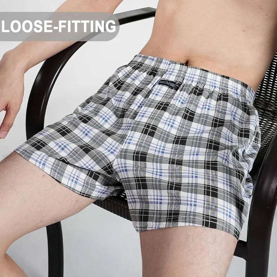 Men's Pure Cotton Boxer Shorts Underwear High Waist Big Underpants Casual Plaid Plus Size Aro Pants Pajama Bottoms at home M-3XL
