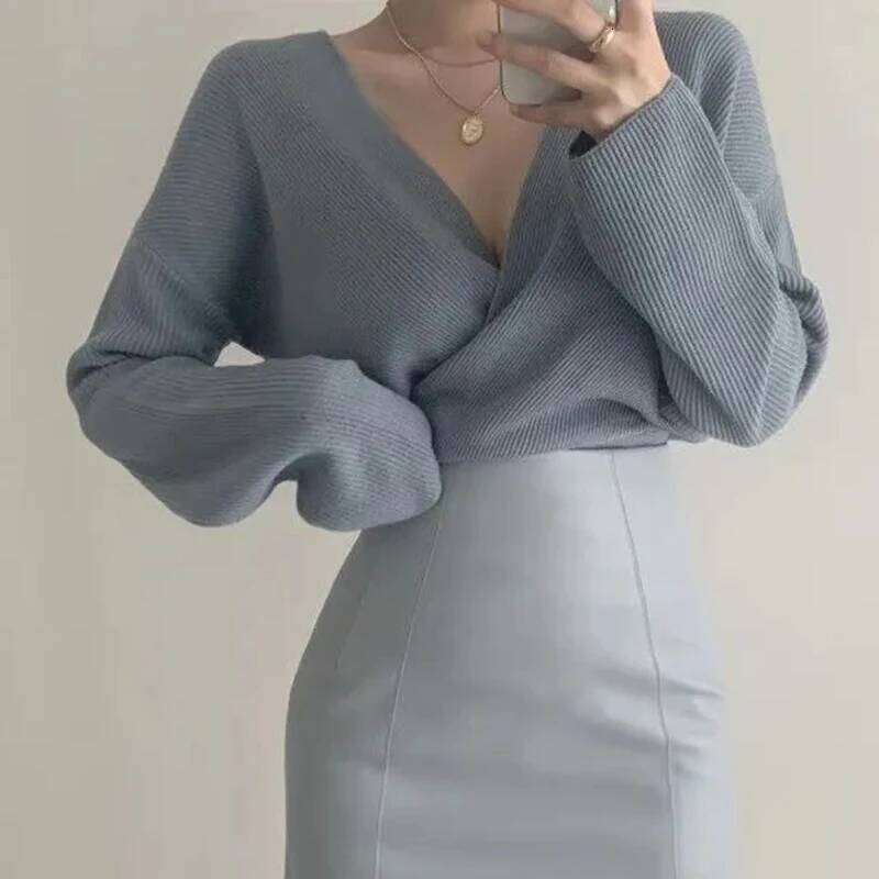 Chic V Neck Knitted Sweaters Women Irregular Cross Long Sleeve Office Lady Pullovers Fall Winter Korean Slim Fit Casual New Tops Z260314