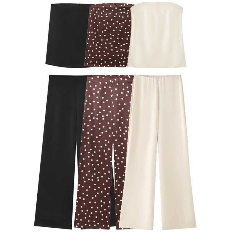 HXAO Satin Pant Sets Womens Two Pieces Set Strapless Off Shoulder Tube Vest 2 Piece Sets Woman Outfit High Waist Trousers Sets M260313