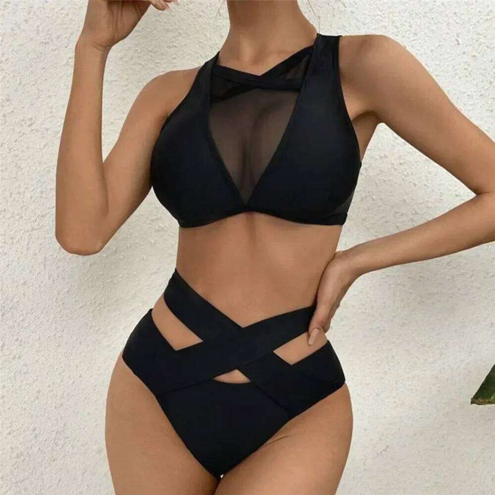 Black High Waisted Bikini Set Cross Bandage 2025 Sexy Swimsuit Women Mesh Patchwork Swimwear Hollow Out Bathing Suit Bikinis Y260303