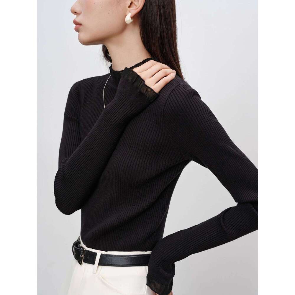 ZIQIAO Women Beige Slim Pullovers Ruffle Patchwork Design Knitted Black All-Match Bottoming Long Sleeve Sweater Tops 24ZQ93231 Z260314