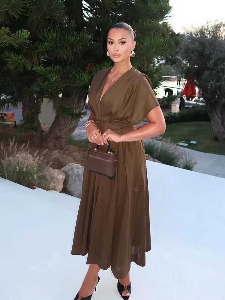 HH Womens New Fashion V-neck Pleated Down Shoulder Short Sleeve Midi Dress Female Temperament High-waist Casual Long DressT260316