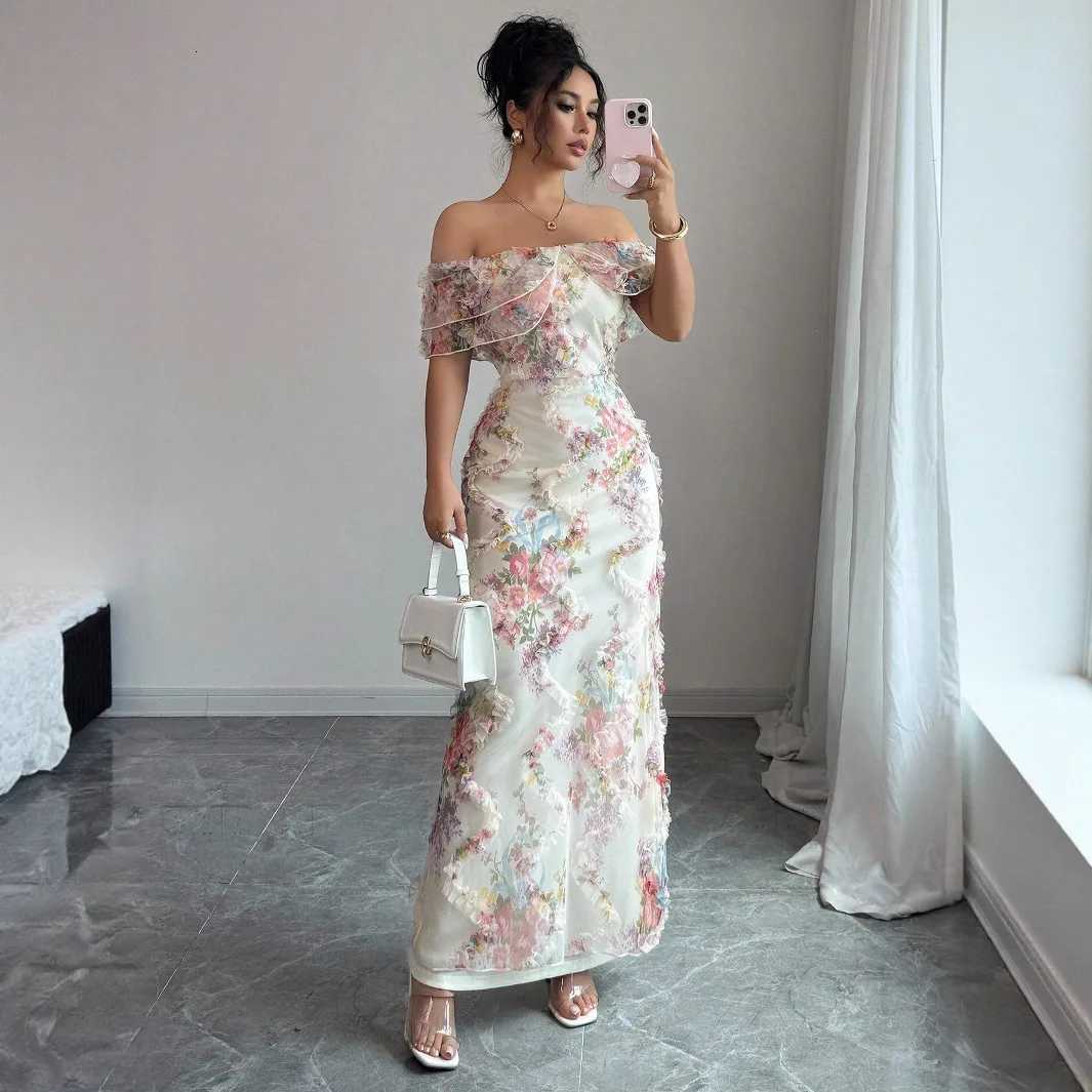 Elegant and romantic ruffled off-the-shoulder waist-cinching tight mesh floral dress for womenT260316