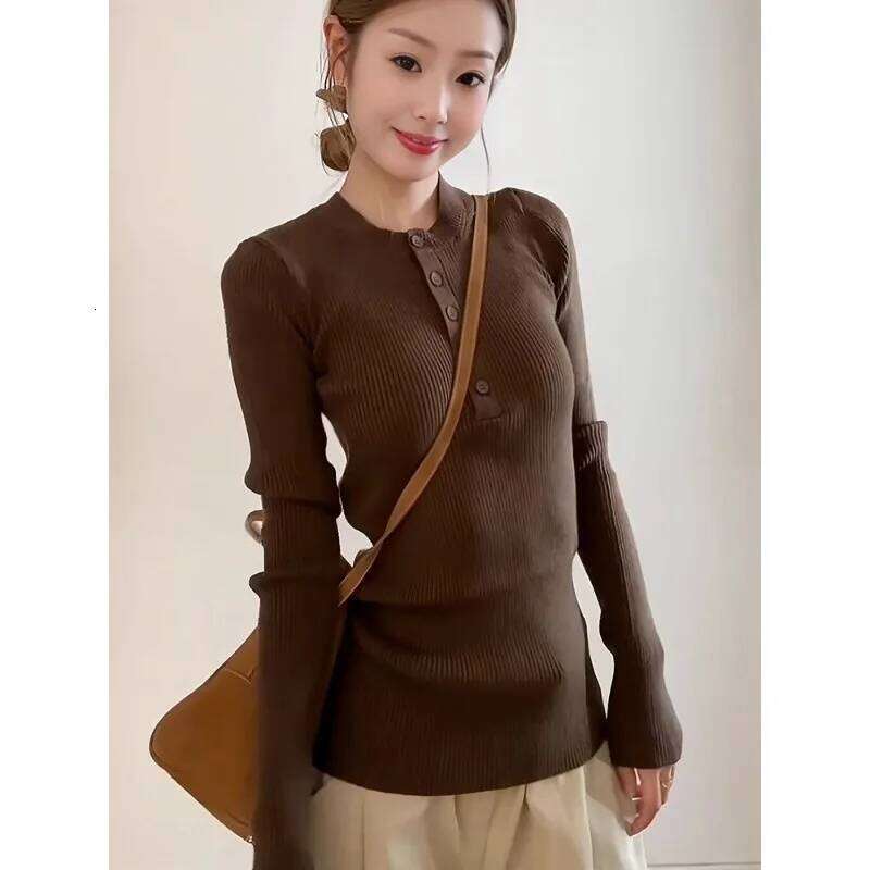 Autumn and Winter Pullover Long-sleeved Round Neck Buttoned Sweater Women's Slim Fit Bottoming Shirt Top Z260313