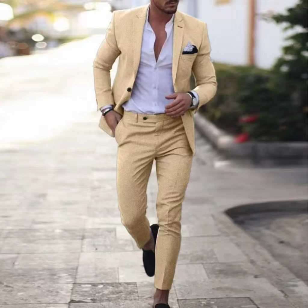 Linen Two-piece Set Tuxedo Suits for Men Notched Lapel Mens Casual Fitted Linen Suit Elegant Party Dresses Summer Beach M260313