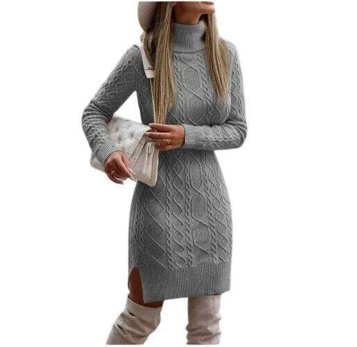 Slim-Fit Long-Sleeved Pullover Knit Collared Autumn Winter New Women's Knitted Wrap Hip Skirt Sweater Dress Z260313