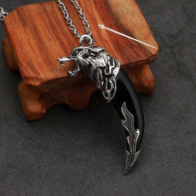 Black&White Men's Wolf Tooth Resin Pendant Necklace Stainless Steel Silvery Chain Charm Jewelry 2025 H260312