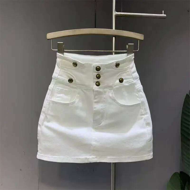 new white high-waisted denim skirt button a-word hip skirts for women with pocket Z260314