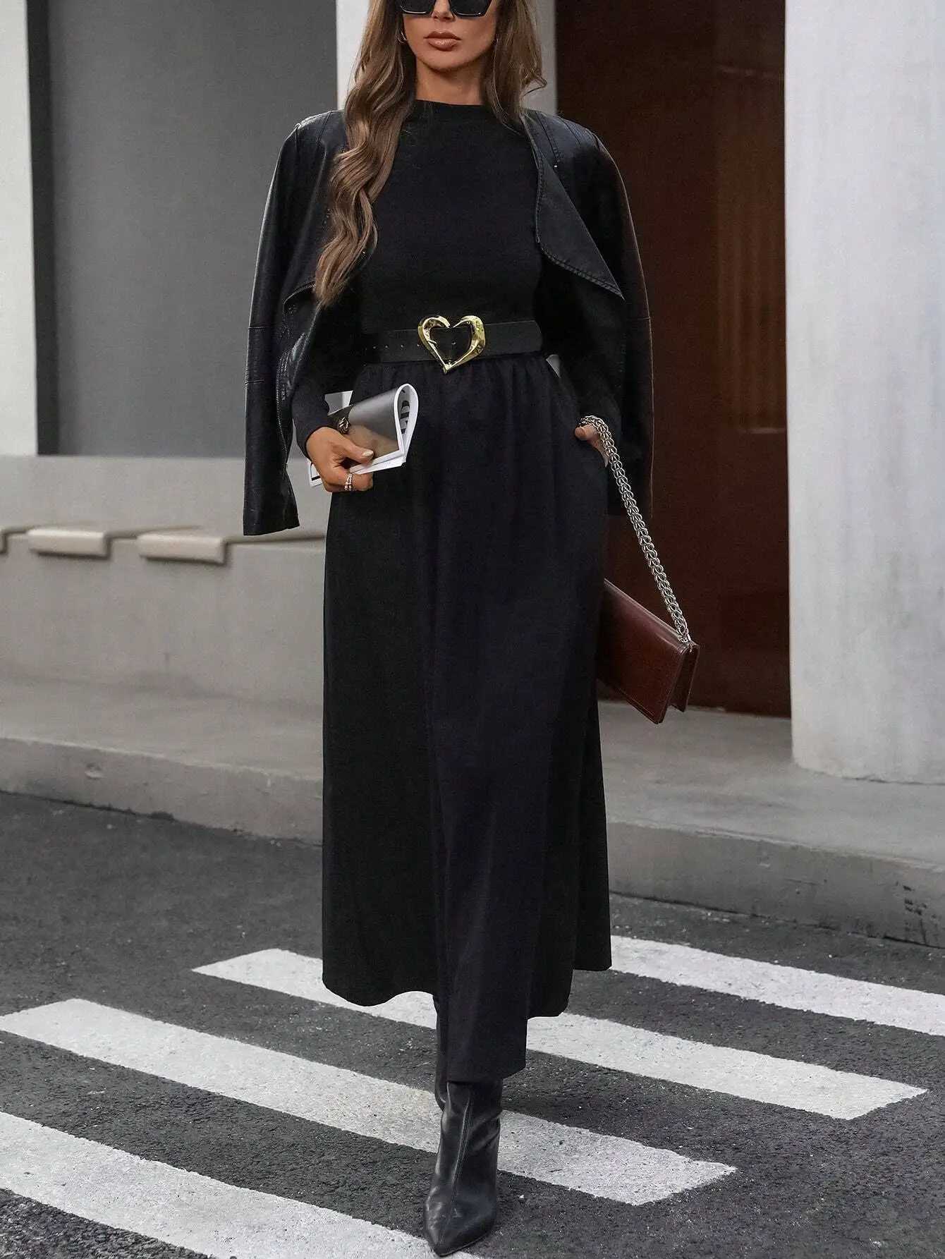 Womens Black Mock Neck Long Sleeve Maxi Dress High Waisted Flowy Skirt Slim Fit Elegant Casual Daily Office Date WearT260314